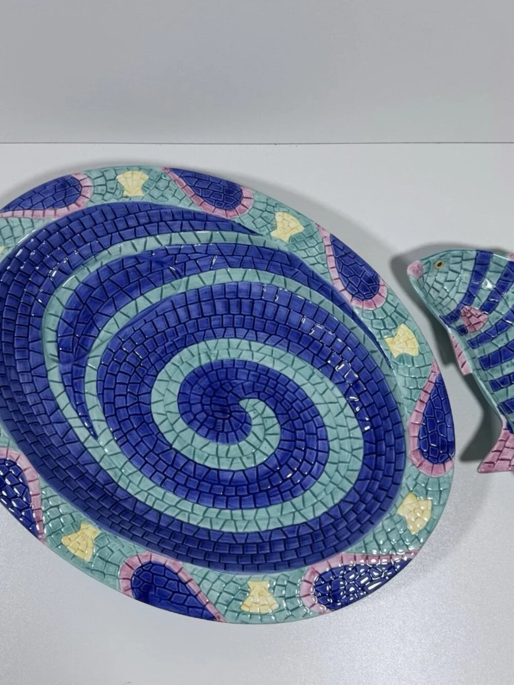 Vintage CLAY ART Kitschy MOSAIC Tile FISH PLATTER AND DIP SET BRIGHT COLORS 1995